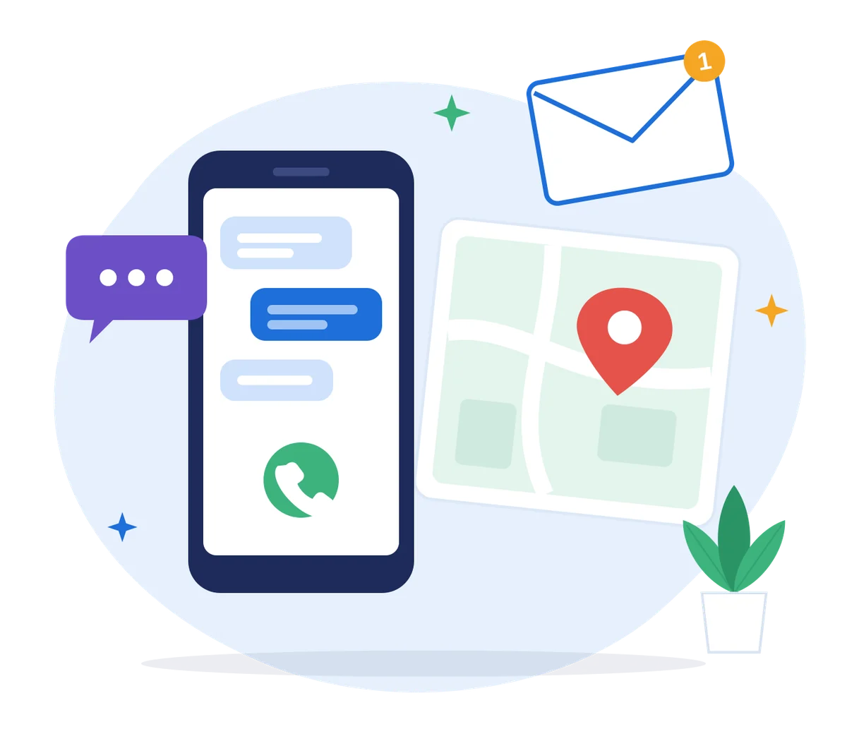 Illustration of a phone, an envelope and a map pin