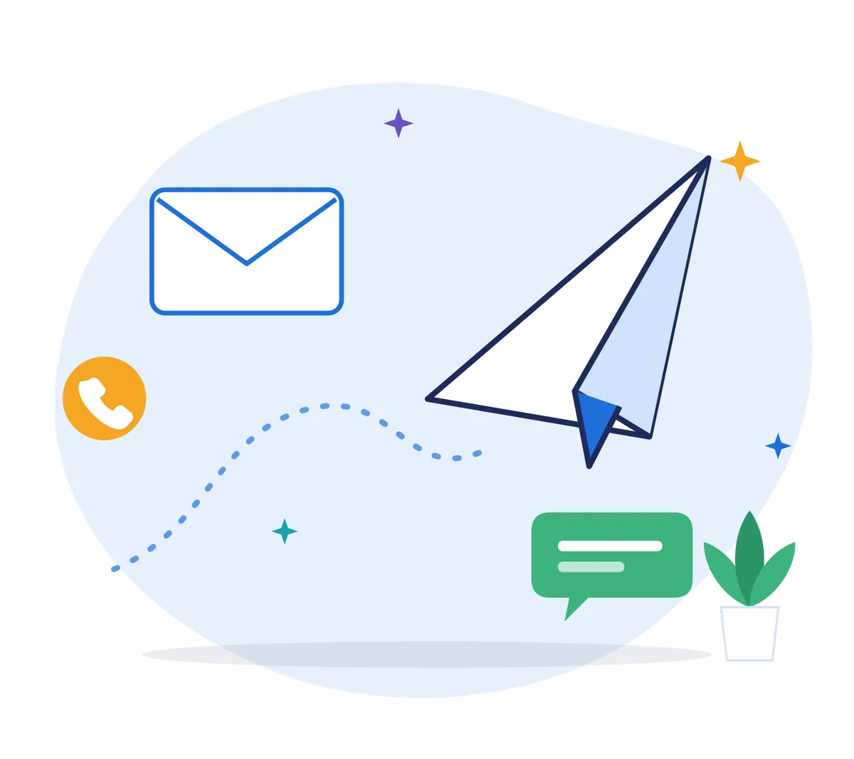 Illustration of a paper plane, an envelope and a chat bubble