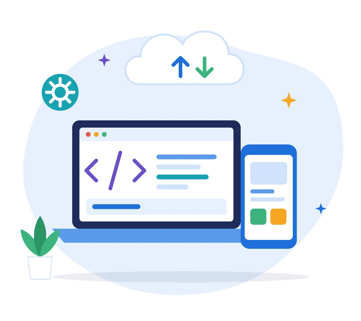 Illustration of a laptop showing code, a mobile phone and a cloud